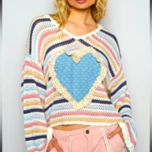 ✨NWT POL Striped Crochet Hoodie w Heart Lace Detail - Picture 1 of 2